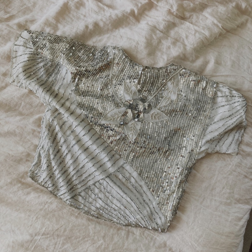 Vintage Silver Pearl Silk Sequin Beaded Top S/M